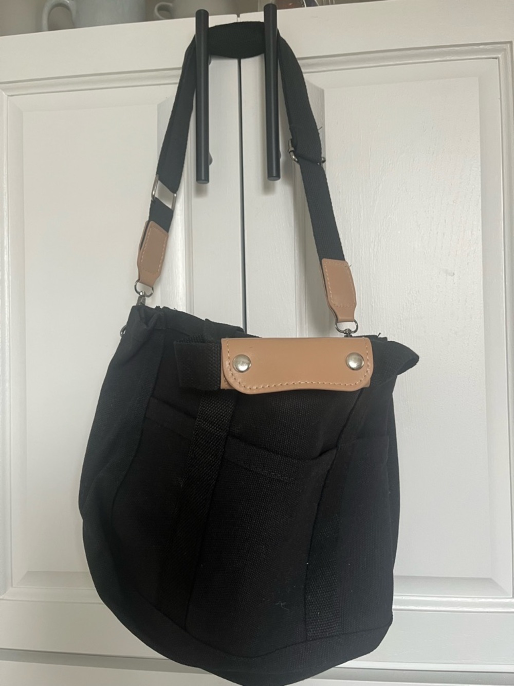 Black Canvas Shoulder Bag with Tan Trim